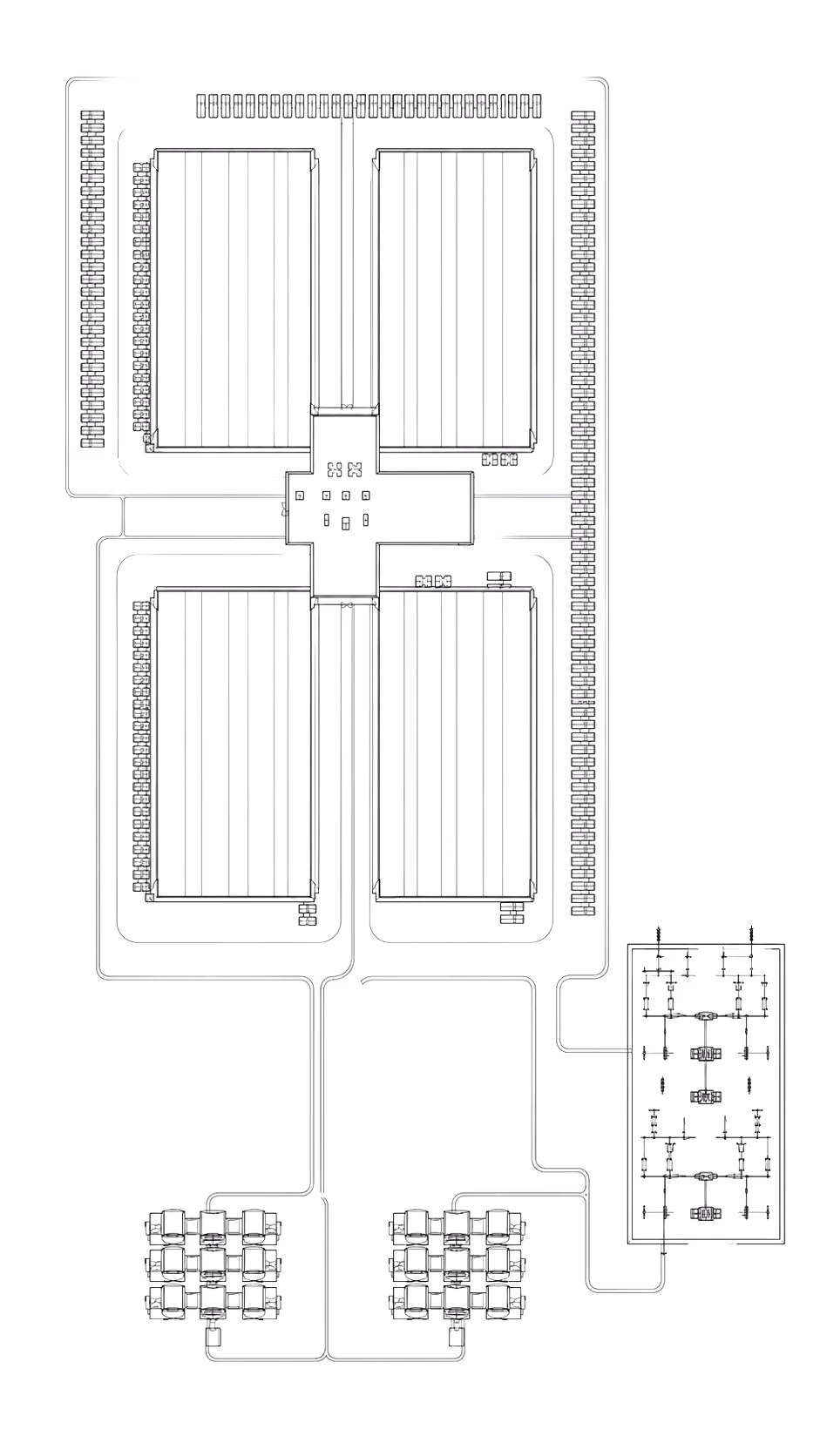 Detailed architectural floor plan with multiple rectangular rooms and connected pathways.