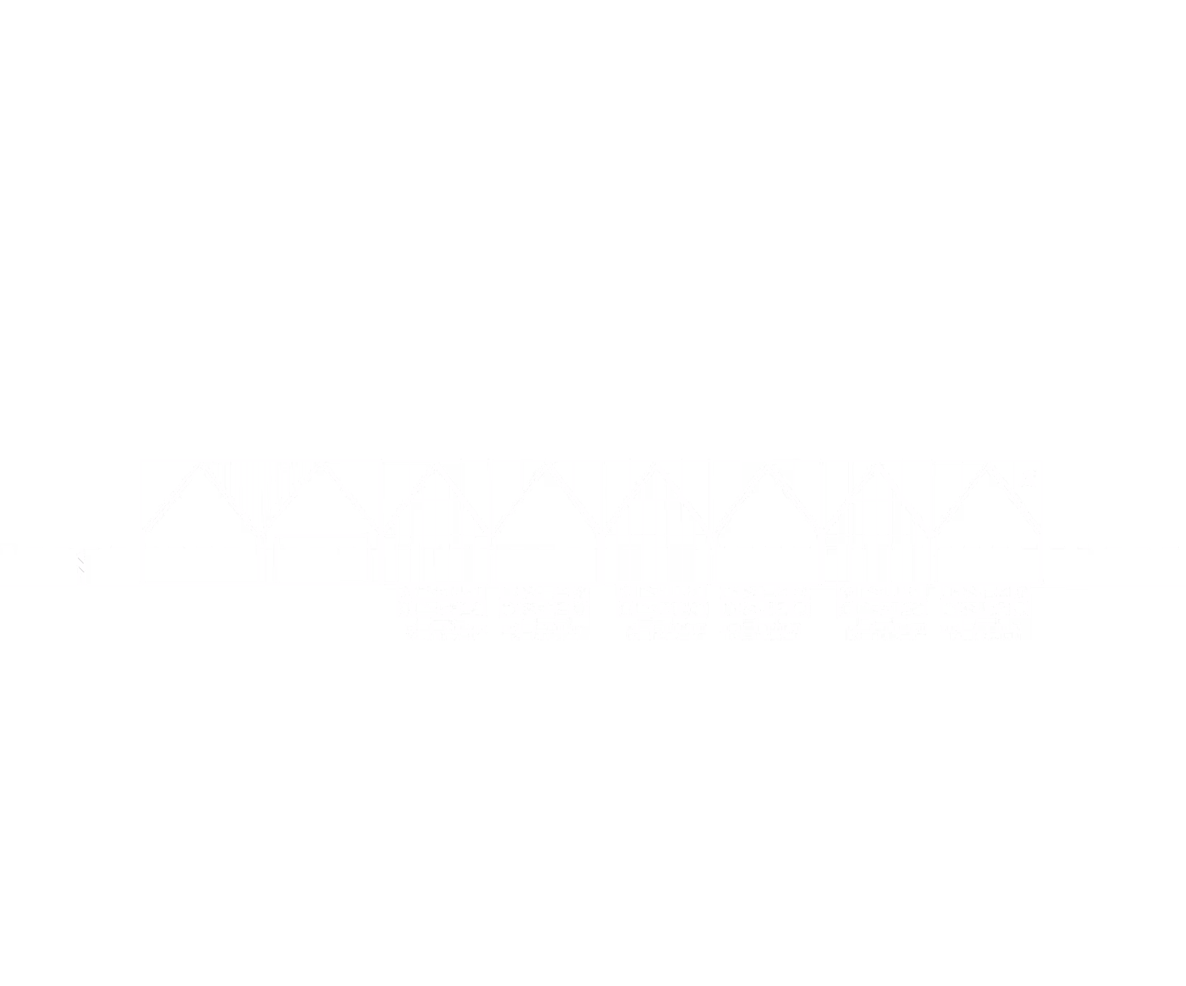 Black and white architectural elevation drawing of multiple gabled structures with measurements.