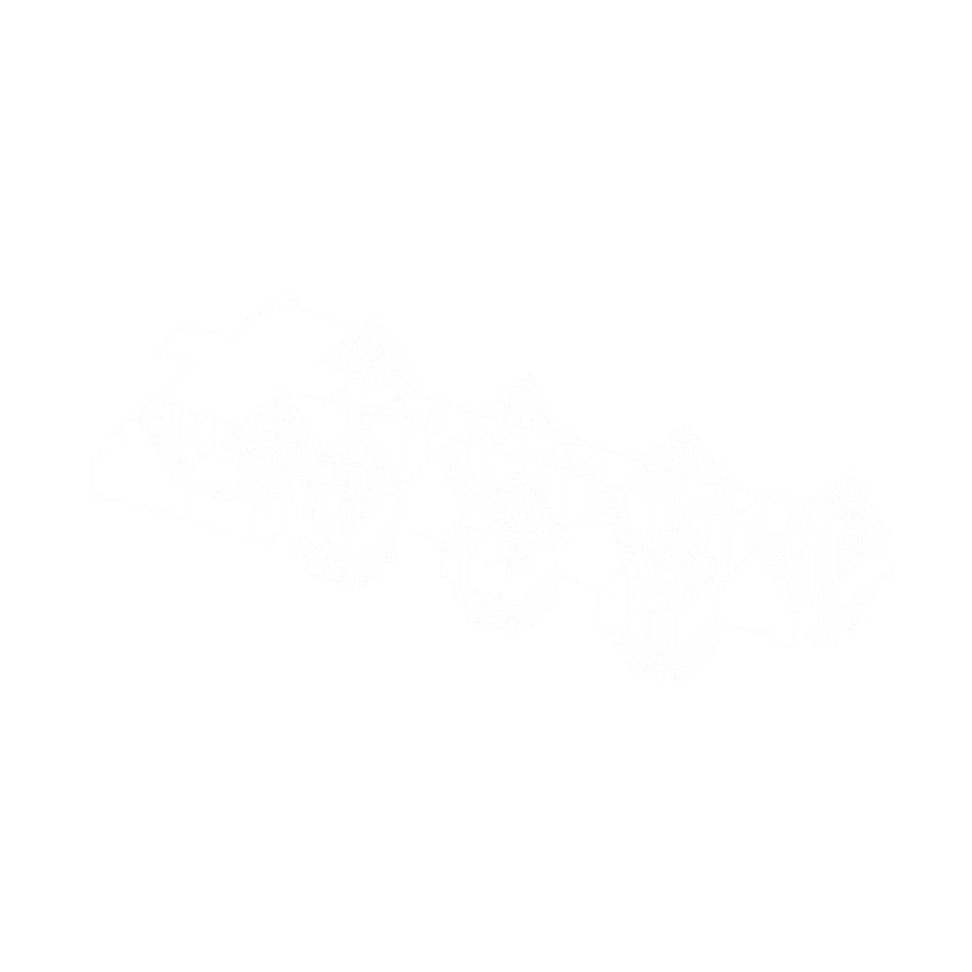 Architectural wireframe of a row of buildings with pitched roofs, showing structural outlines.
