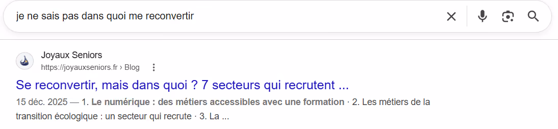 Résultat référencement google sur la reconversion