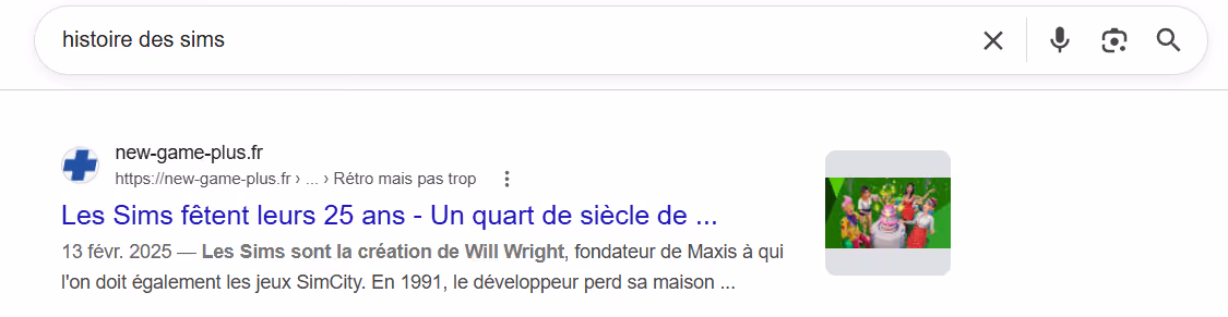 Résultat référencement google sur l'histoire des Sims
