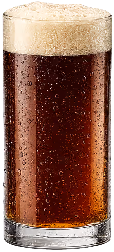 Glas mit dunklem Bier, Schaumkrone und Kondenswasser auf der Außenseite.