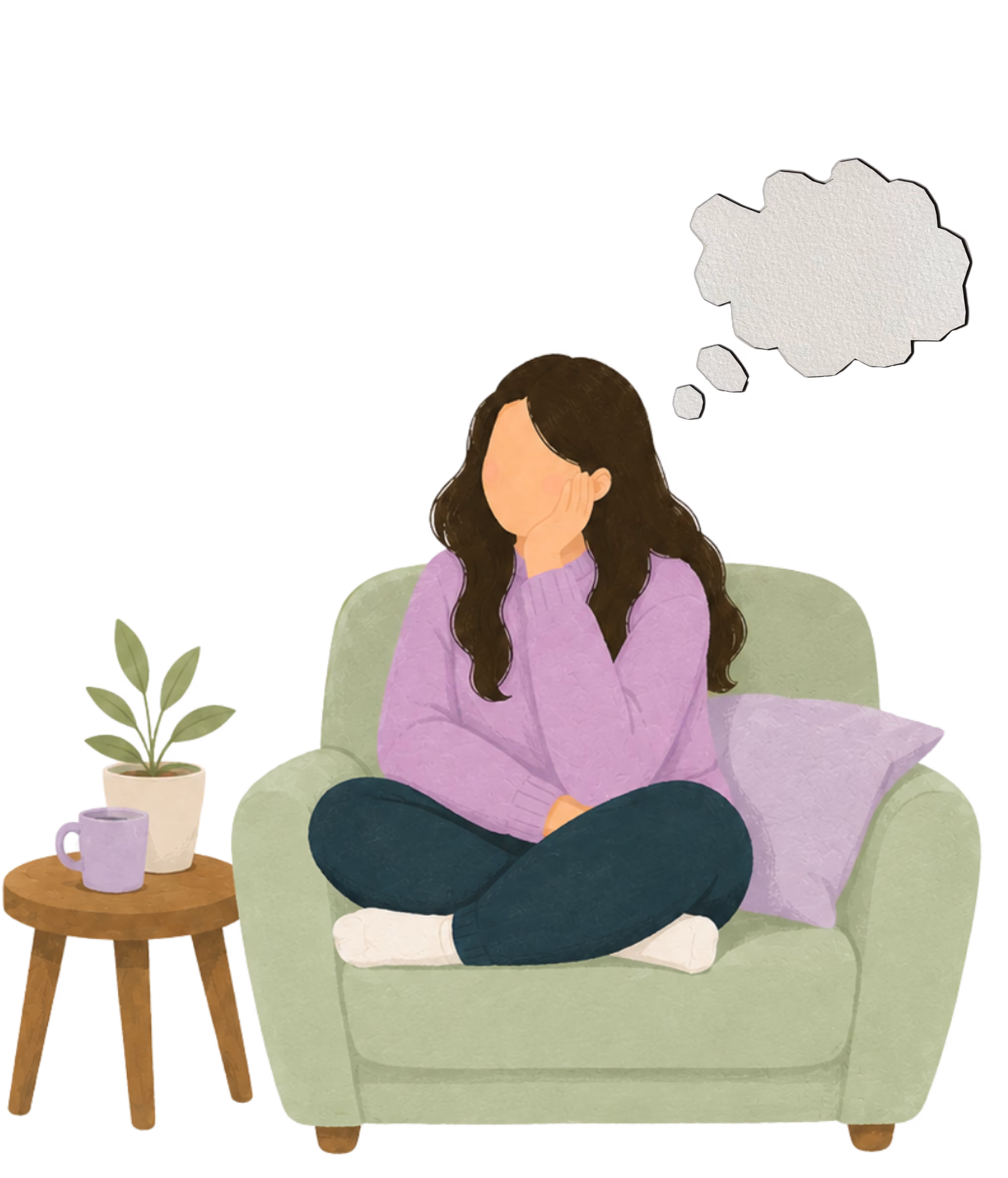 Illustration of a client sitting and reflecting on a couch