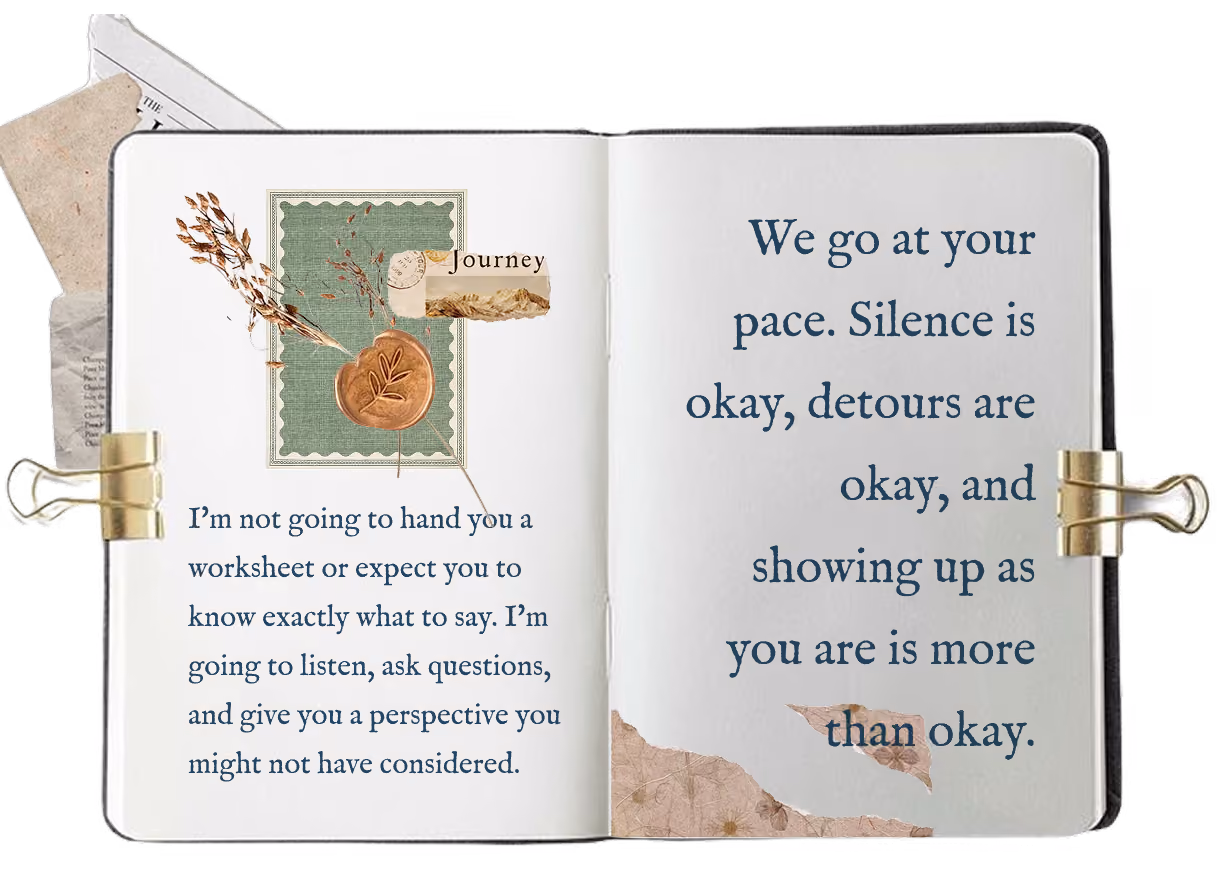 Illustrated journal spread with 'we go at your pace' message