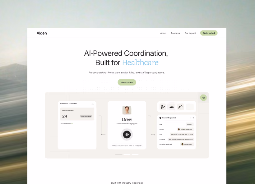Website showing AI-powered coordination for healthcare with scheduling interface and a virtual agent named Drew.