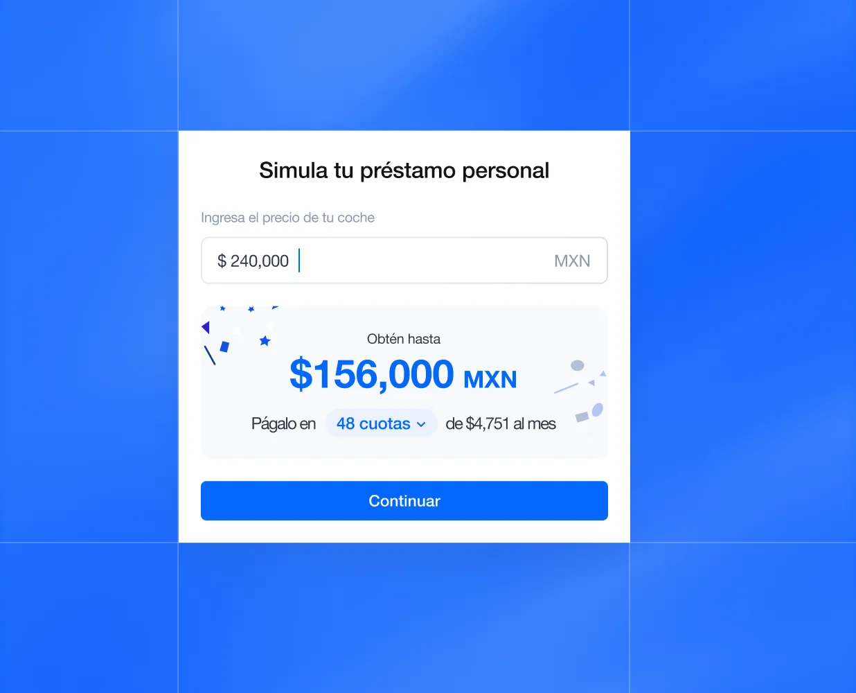 Personal loan simulator showing a car price of $240,000 MXN and available loan up to $156,000 MXN.