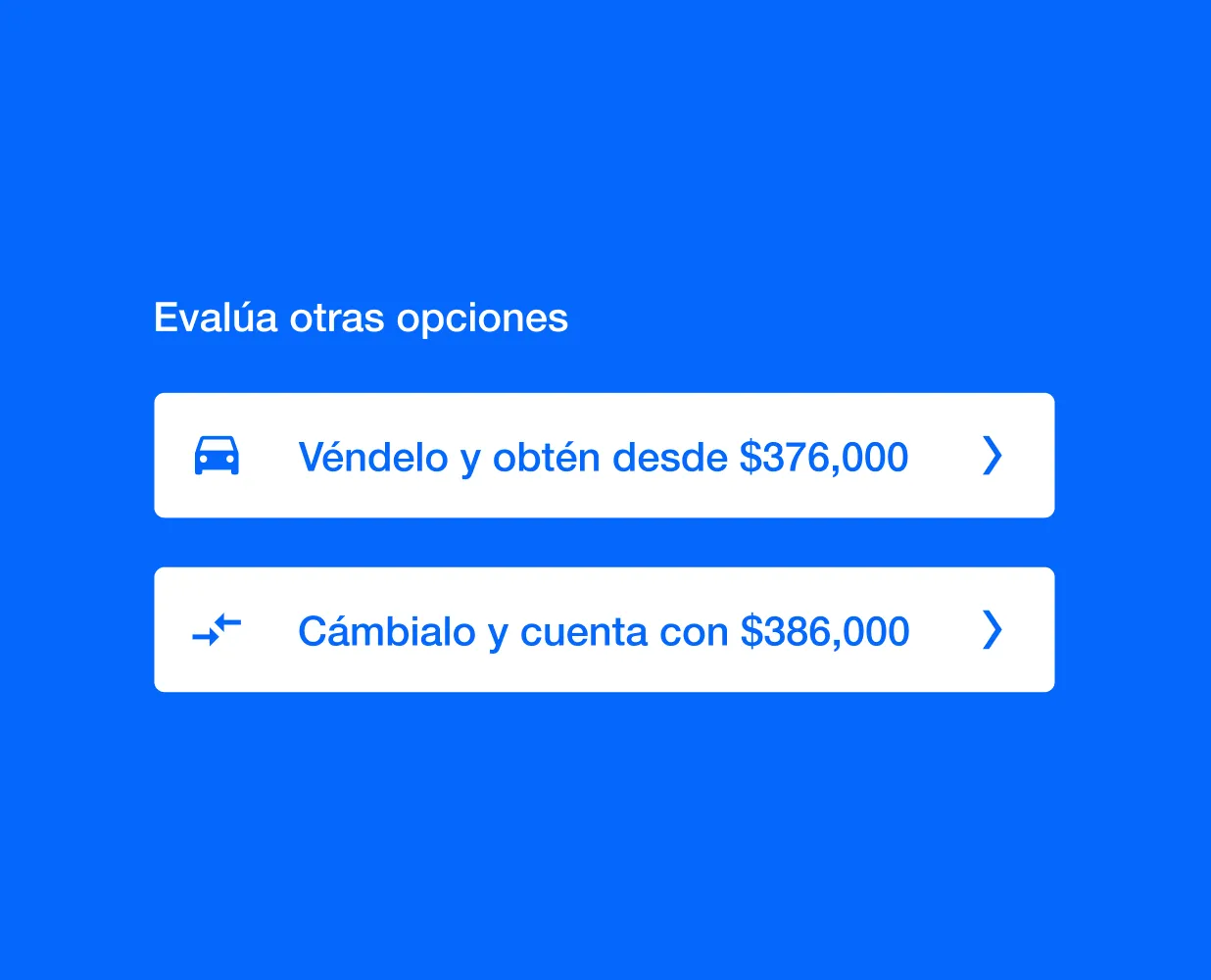 Blue screen with options to sell a car for $376,000 or trade it for $386,000 in Spanish.
