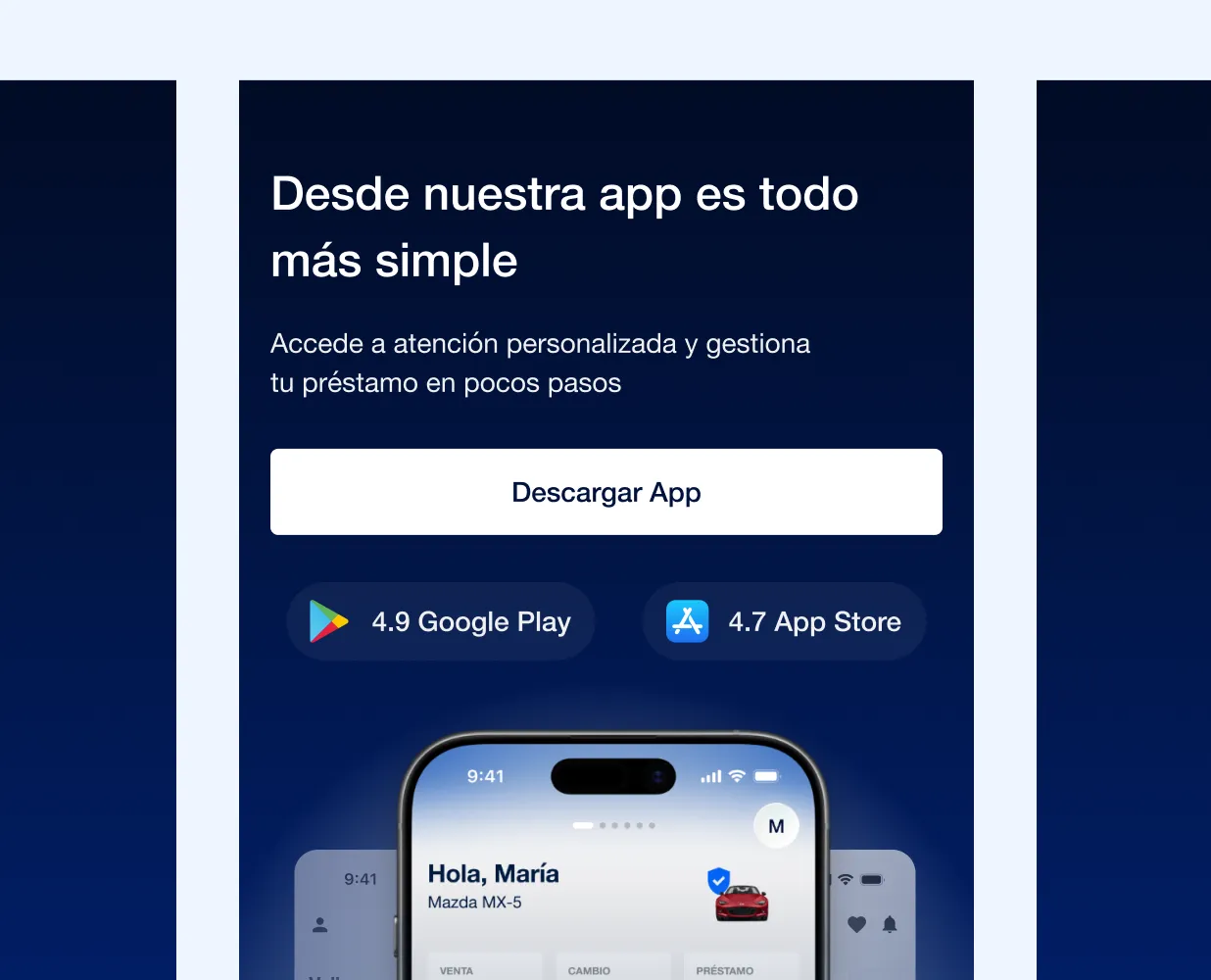 App screen greeting user María with Mazda MX-5, offering personalized loan management and app download options.