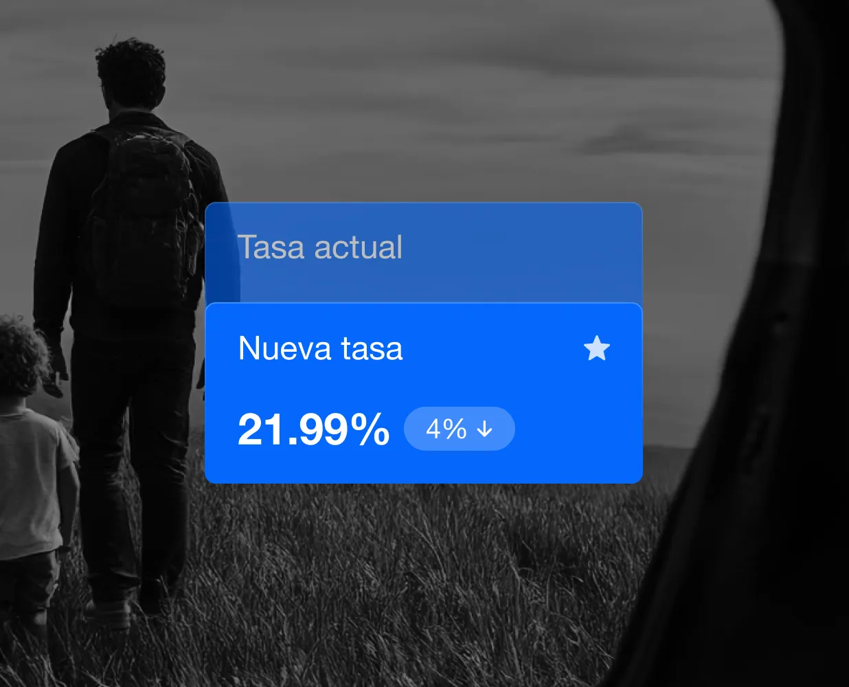 Overlay showing new rate of 21.99%, down 4%, with a man and child walking in tall grass background.