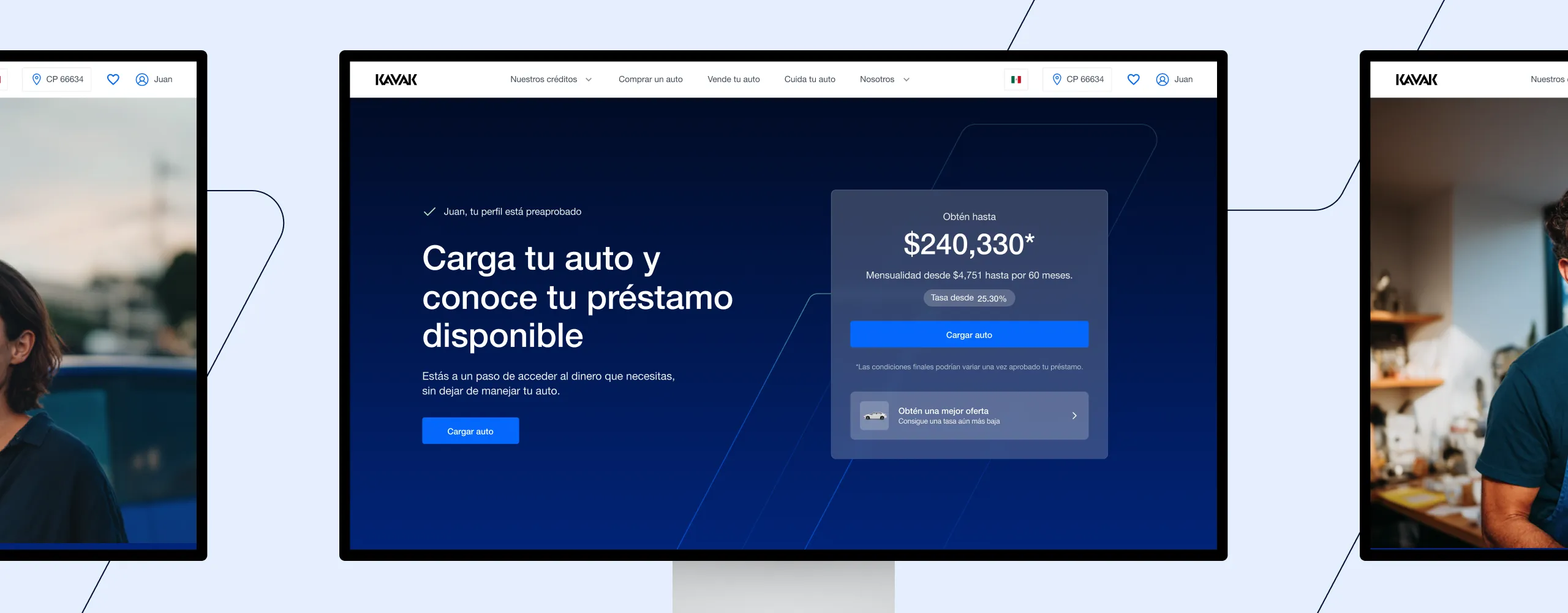 Kavak app screen showing preapproved car loan offer with $240,330 loan max and monthly payments.