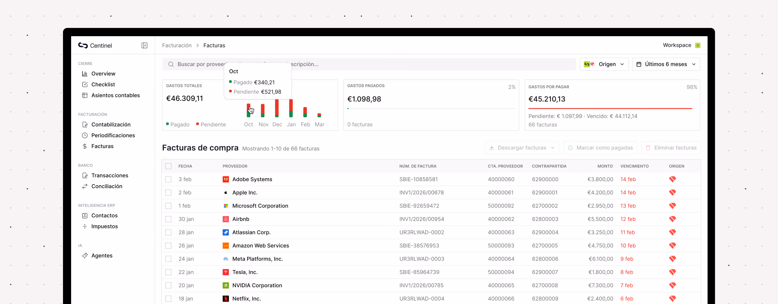 Invoice dashboard showing total, paid, and pending expenses with a table of recent suppliers and invoice details.
