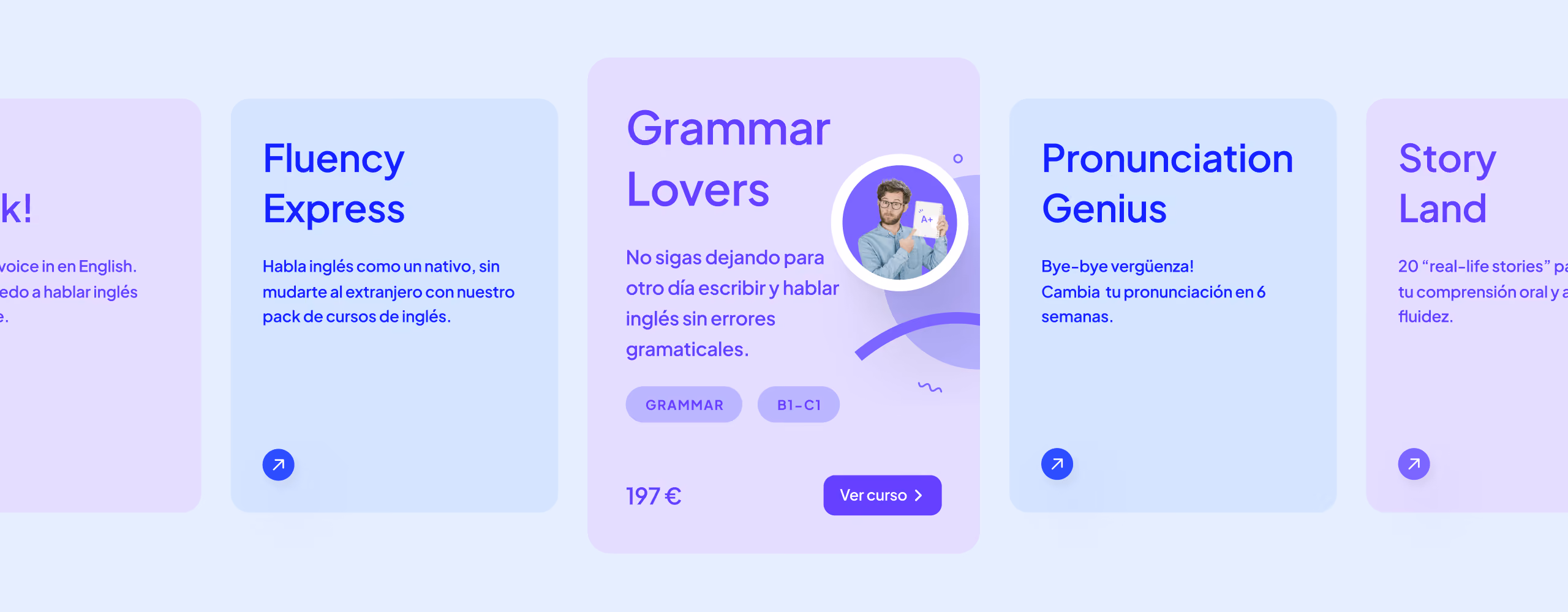 Row of English course cards: Fluency Express, Grammar Lovers, Pronunciation Genius, and Story Land.