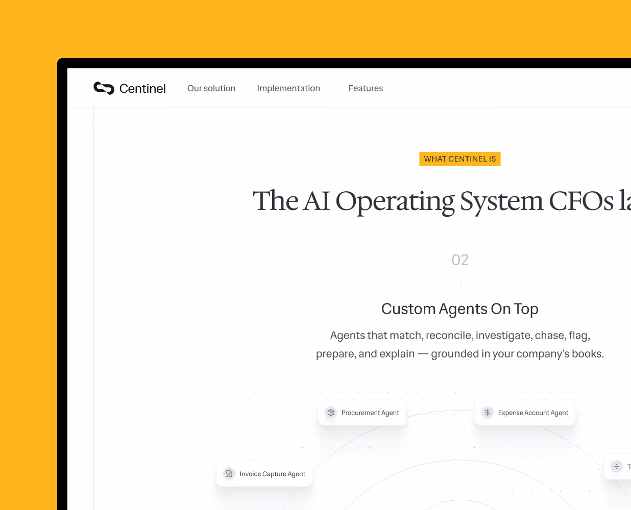 Website section showing Centinel AI system features with custom agents like Procurement and Expense Account.