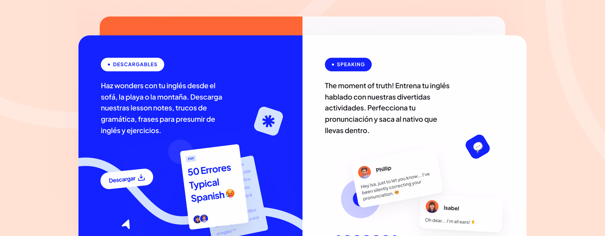 Split screen with English learning info: downloads on left, speaking practice and chat messages on right.