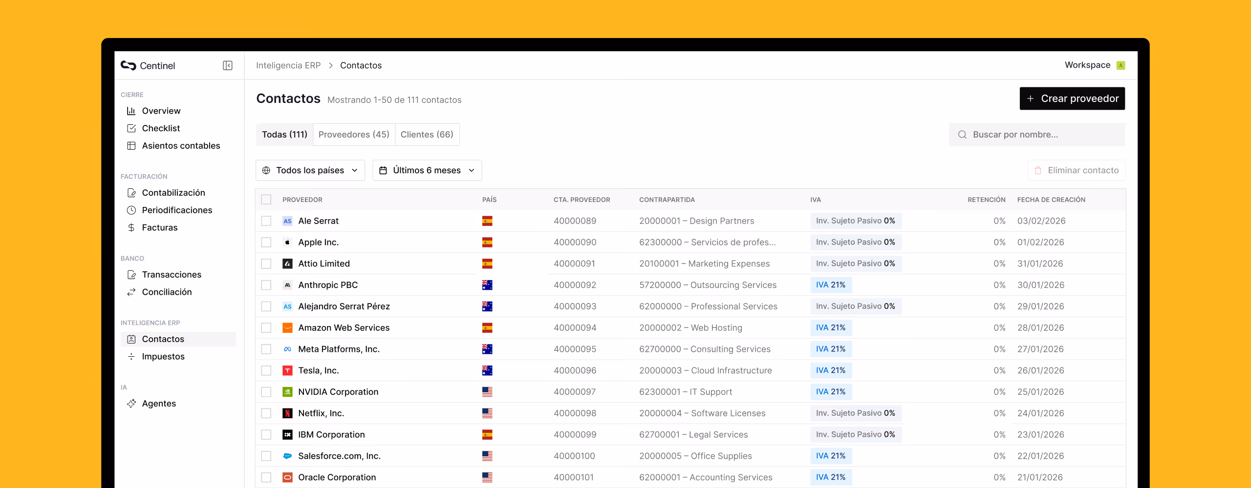 ERP dashboard showing a contact list of providers with country flags, tax info, and service details.