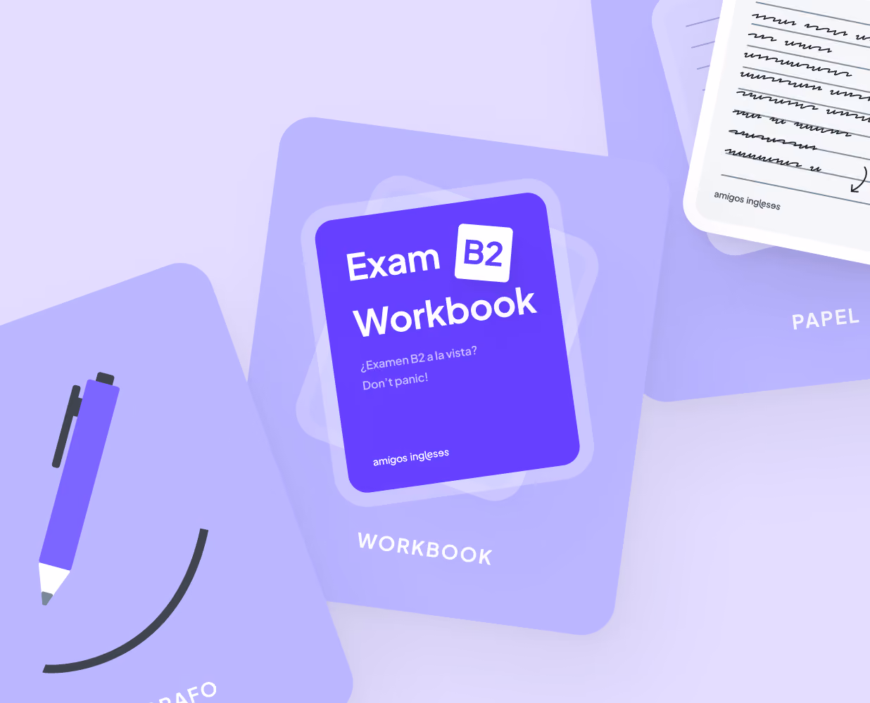 Purple card showing 'Exam B2 Workbook' with text 'Don’t panic!' and 'amigos ingleses' at the bottom.