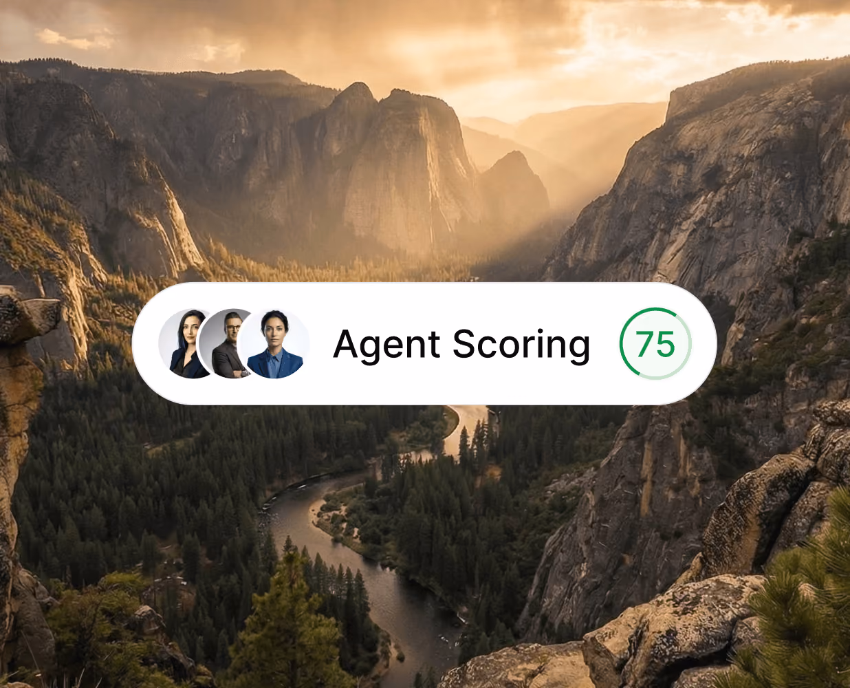 Agent scoring badge with three agent portraits and score 75 over a mountain valley background.