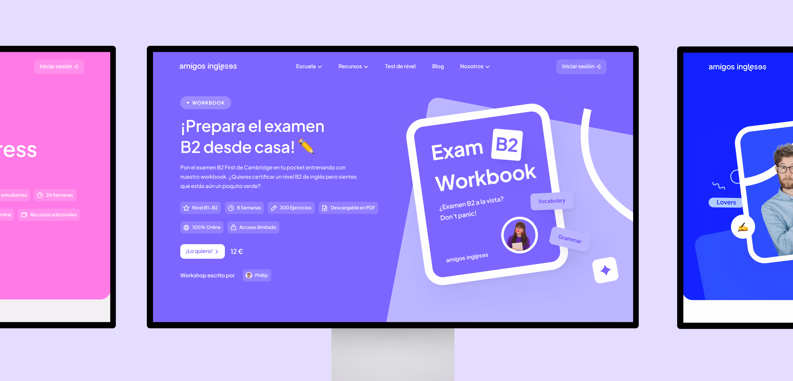 Computer screen showing Amigos Ingleses site offering a B2 exam workbook with exercises and PDF download.