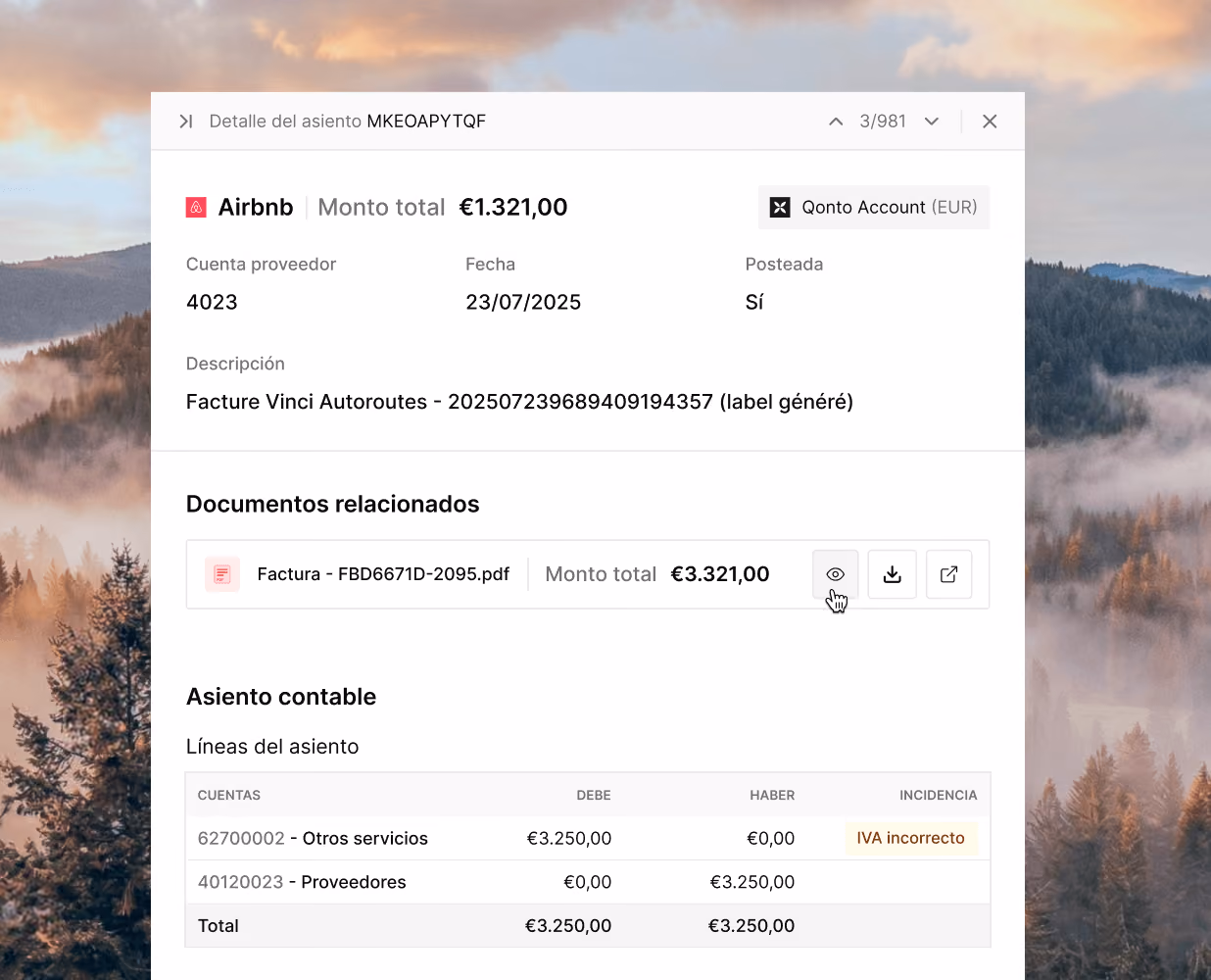 Accounting entry details for Airbnb invoice totaling €1,321 with a mismatch in VAT noted.