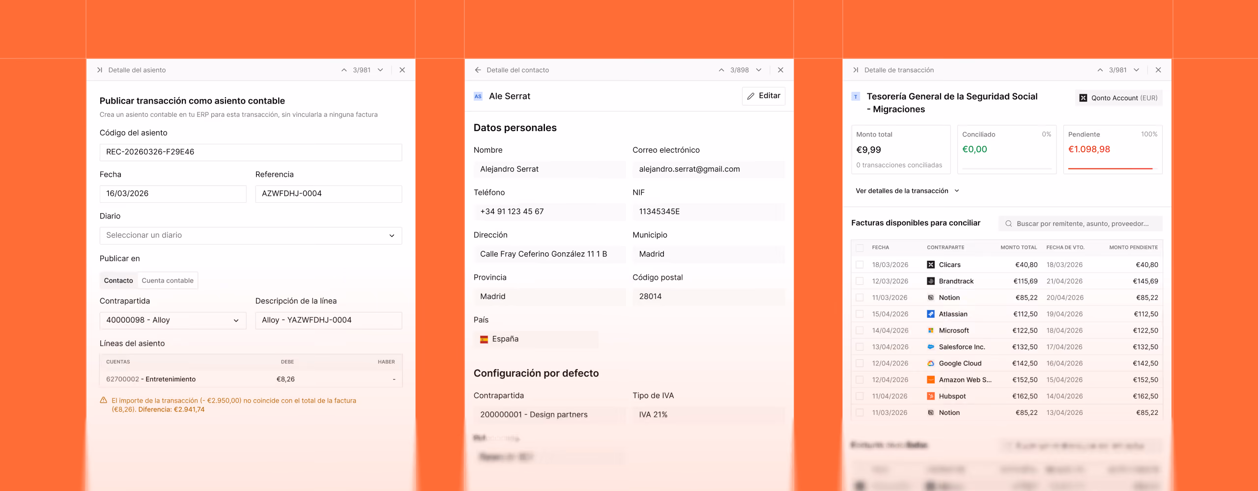 Three panels showing transaction details, contact info for Alejandro Serrat, and social security payment status.