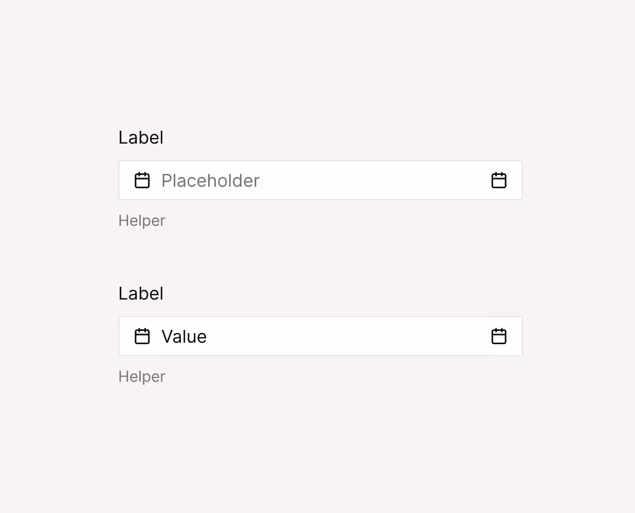Two date input fields with calendar icons, labels, placeholders, and helper text on a light background.