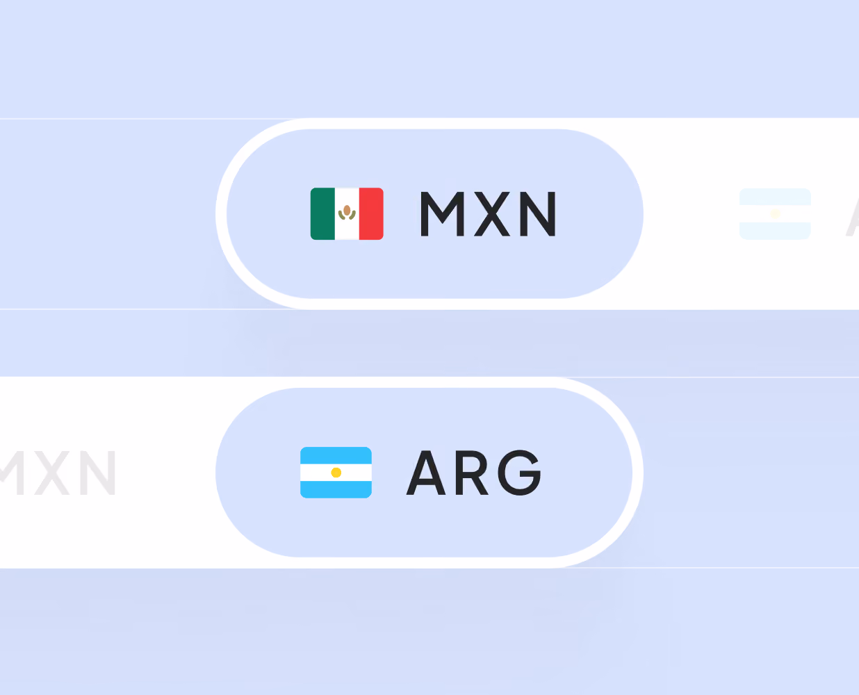 Country selector toggle showing MXN (Mexico) and ARG (Argentina) currency and region options.
