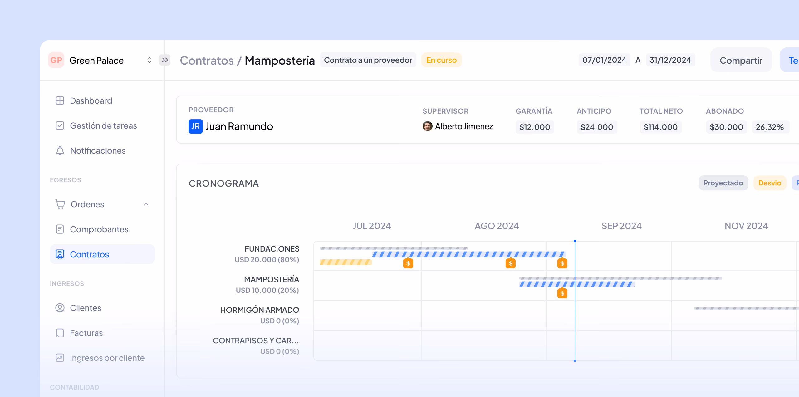Invoice dashboard showing total, paid, and pending expenses with a table of recent suppliers and invoice details.