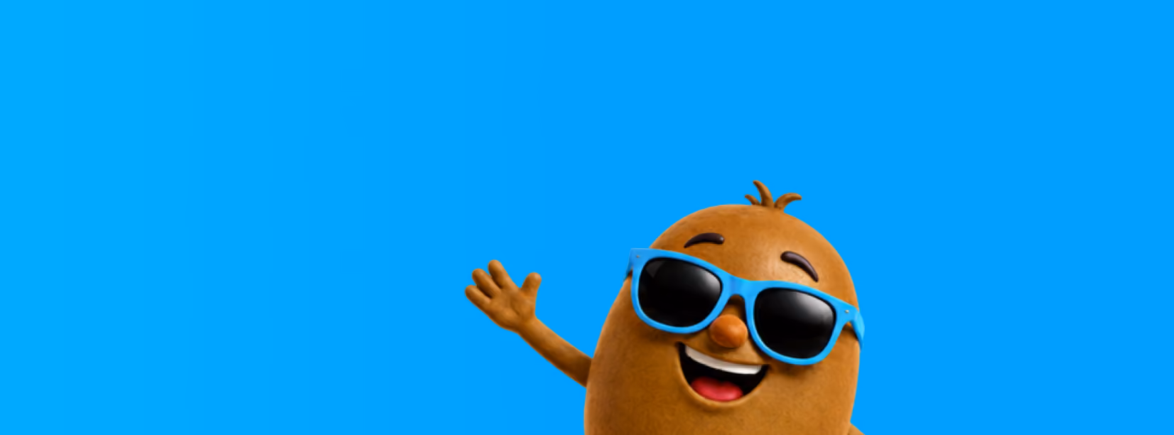 A smiling animated kiwi character wearing blue sunglasses waving against a bright blue background.