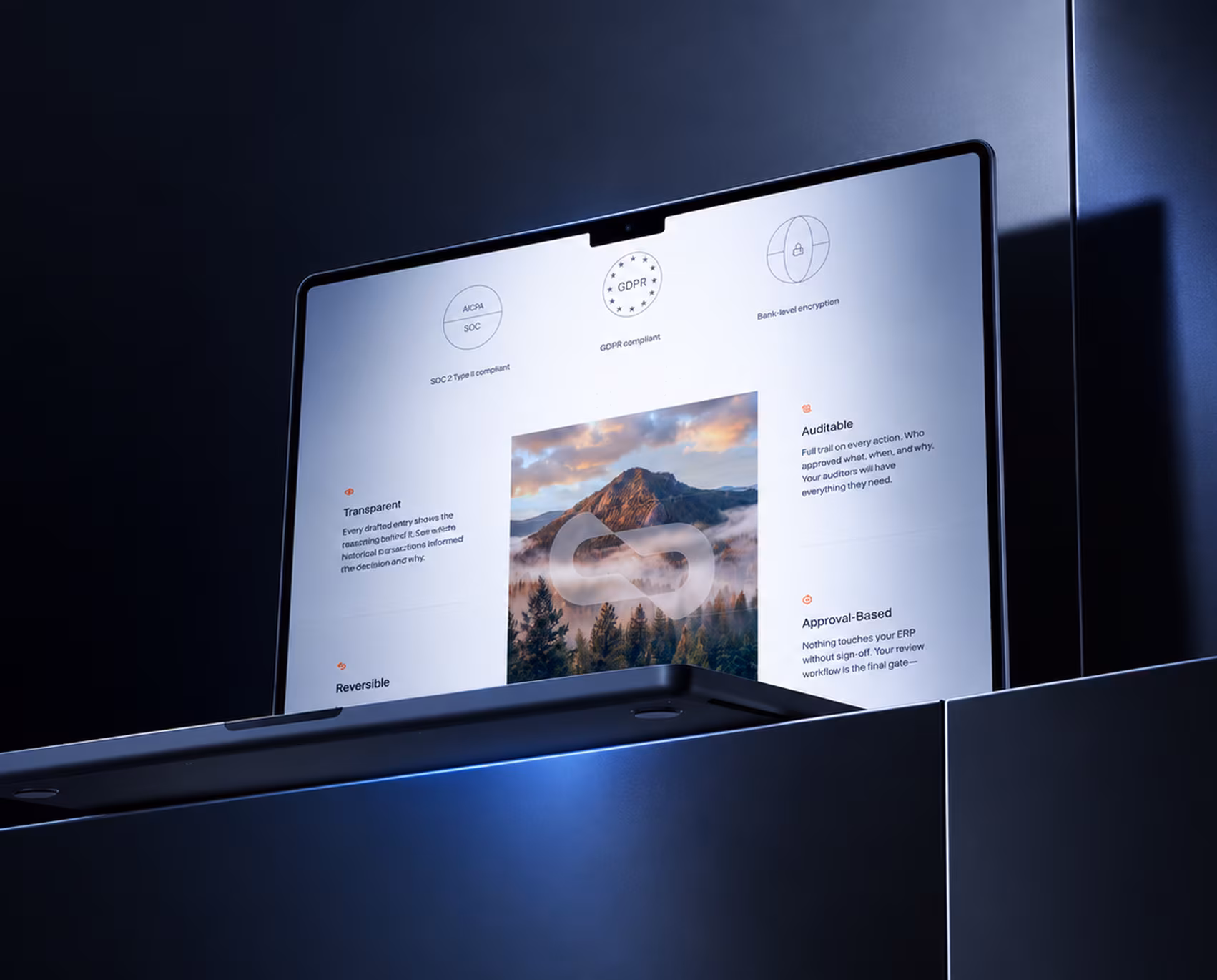 Laptop screen displaying a security compliance dashboard featuring certifications for SOC 2 Type II, GDPR compliance, and bank-level encryption, with sections labeled Transparent, Auditable, Reversible, and Approval-Based alongside a nature image of a mountain with trees and clouds.