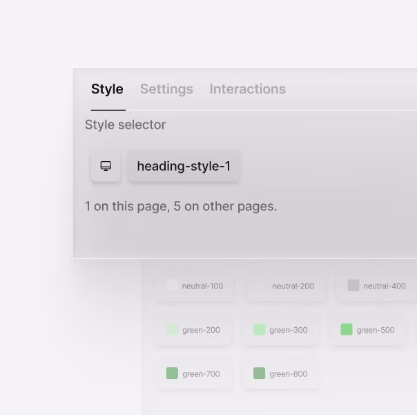 User interface panel showing the Style tab selected with a Style selector labeled 'heading-style-1' and text indicating 1 instance on this page and 5 on other pages.