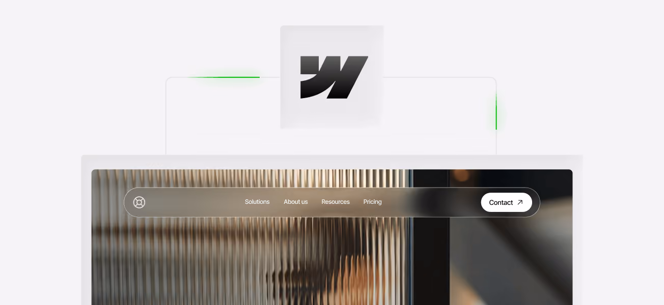 Website interface with a horizontal navigation bar containing links labeled Solutions, About us, Resources, Pricing, and a Contact button with an arrow icon, displayed over a blurred background with vertical lines.