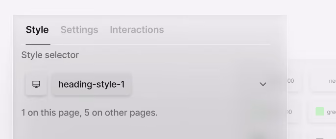 User interface panel showing the Style tab selected with a Style selector labeled 'heading-style-1' and text indicating 1 instance on this page and 5 on other pages.