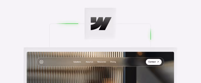 Website interface with a horizontal navigation bar containing links labeled Solutions, About us, Resources, Pricing, and a Contact button with an arrow icon, displayed over a blurred background with vertical lines.