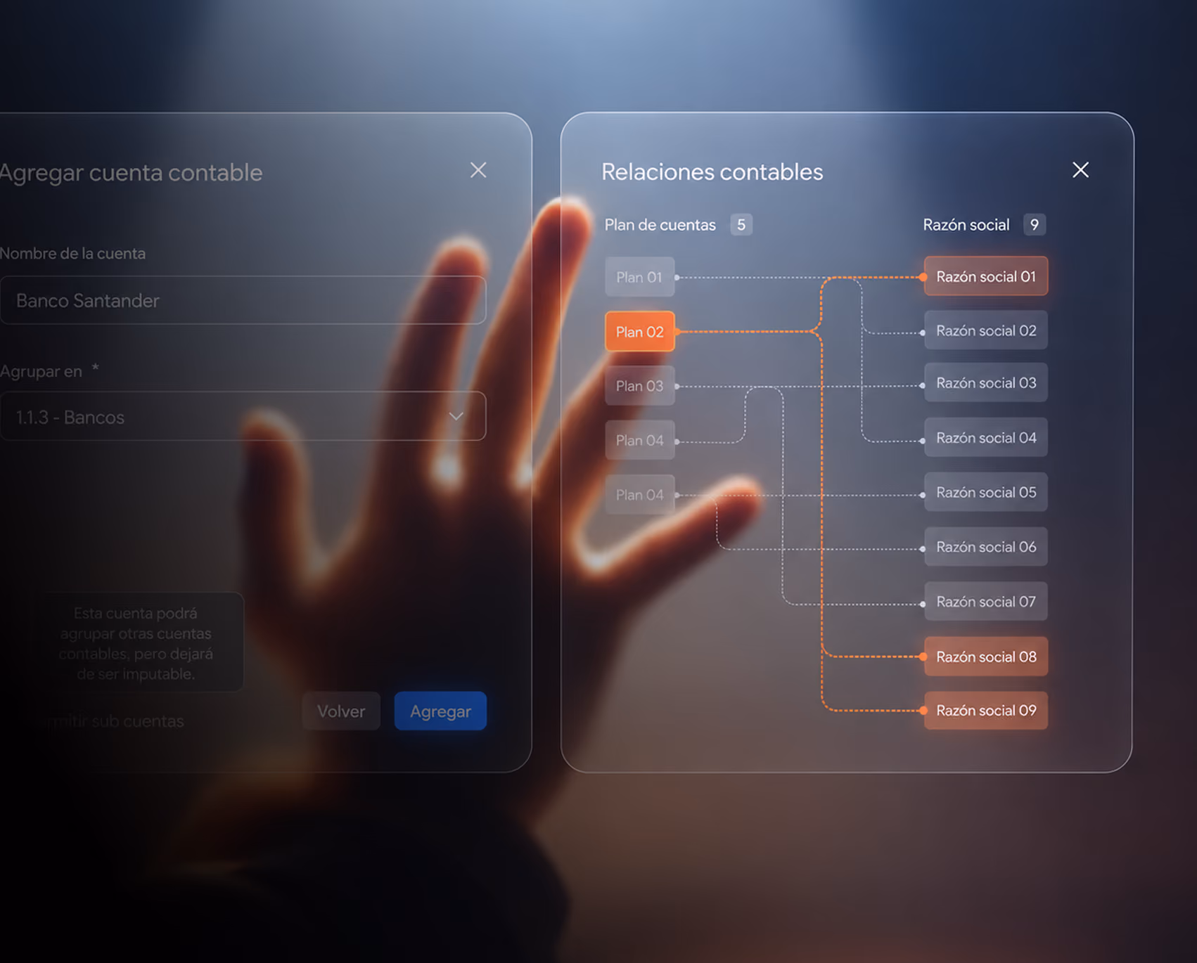 Accounting software UI with glass modals to add an account and map a chart of accounts to legal entities, with a hand in the background
