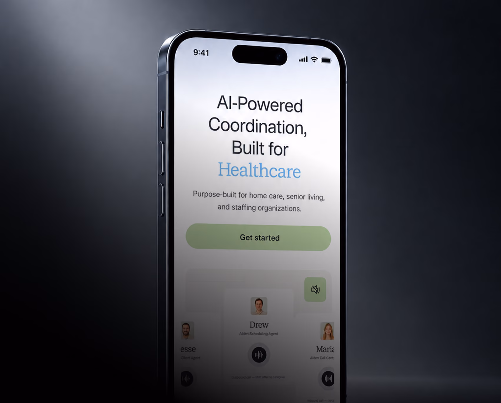 iPhone showing an AI-powered healthcare coordination landing page with a Get started button and AI voice agent cards