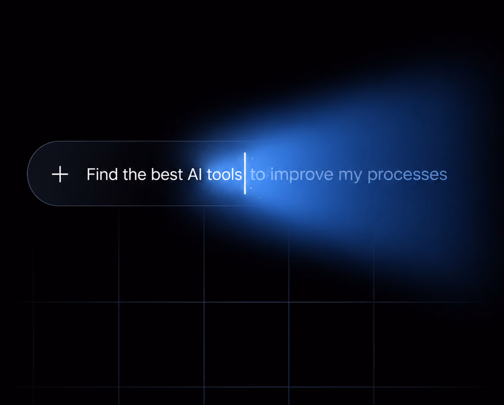 AI search bar typing "Find the best AI tools to improve my processes" with a blue glow over a dark grid, illustrating AI search visibility