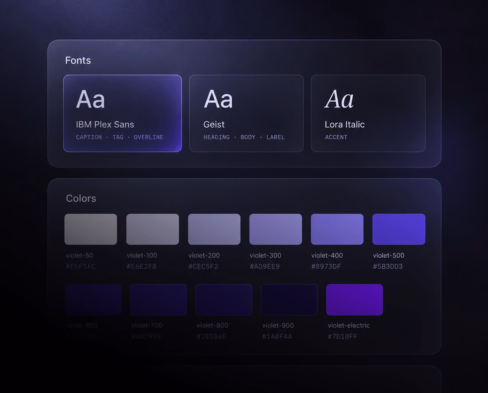 Dark design system UI showing fonts (IBM Plex Sans, Geist, Lora Italic) and a violet color palette with hex codes