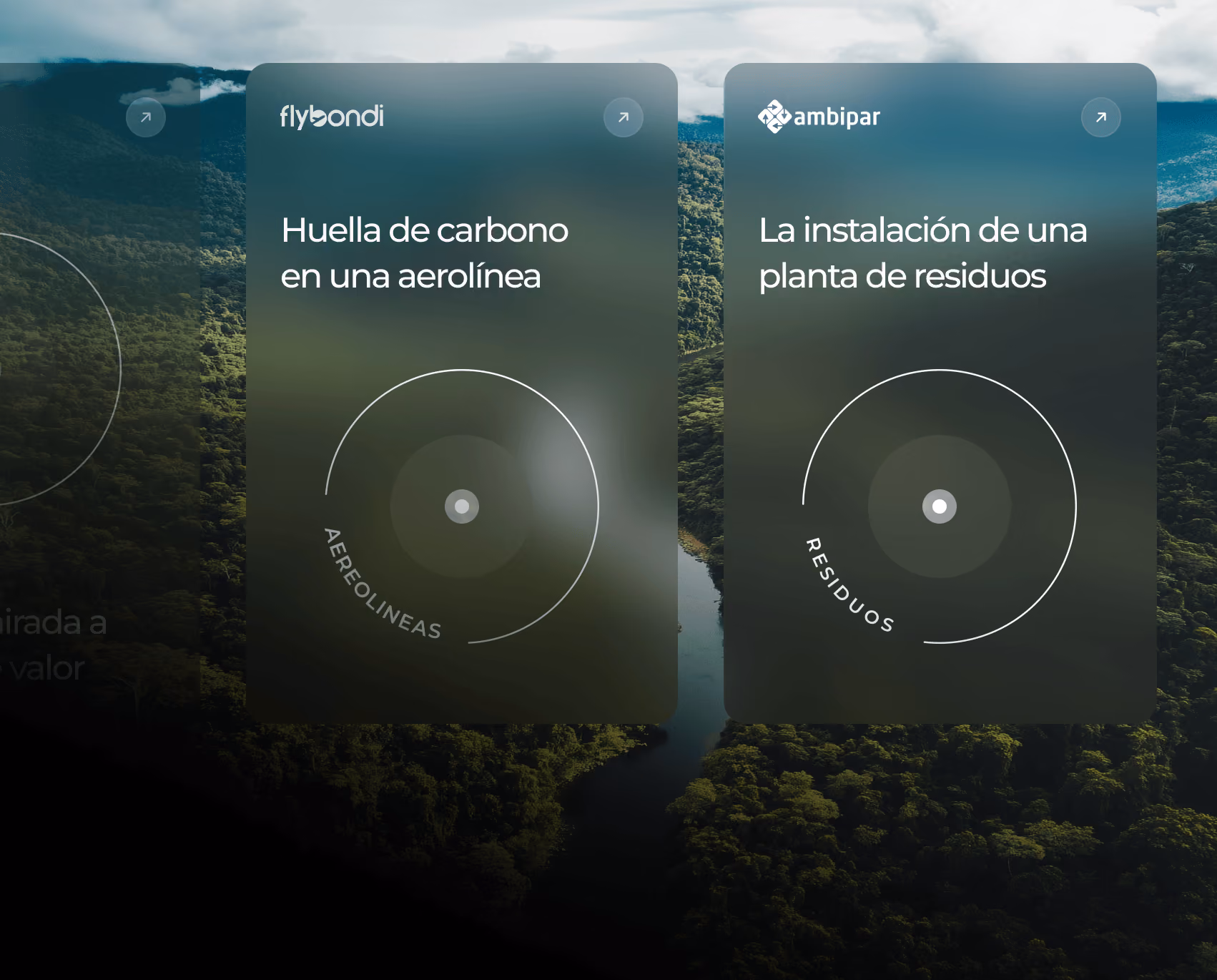 Case study cards for Flybondi ("Carbon footprint in an airline") and Ambipar ("Setting up a waste plant") over an aerial view of a rainforest.