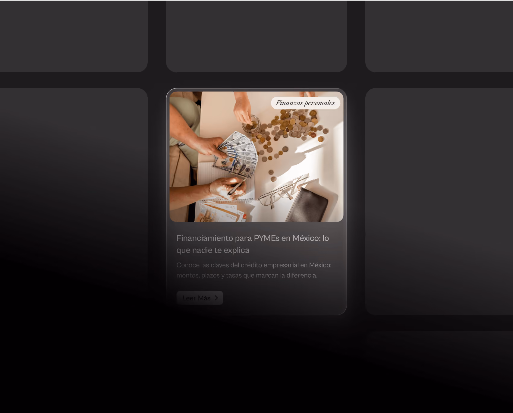 Blog card tagged "Personal finance" with a photo of hands counting cash and coins, titled "SME financing in Mexico: what no one tells you."