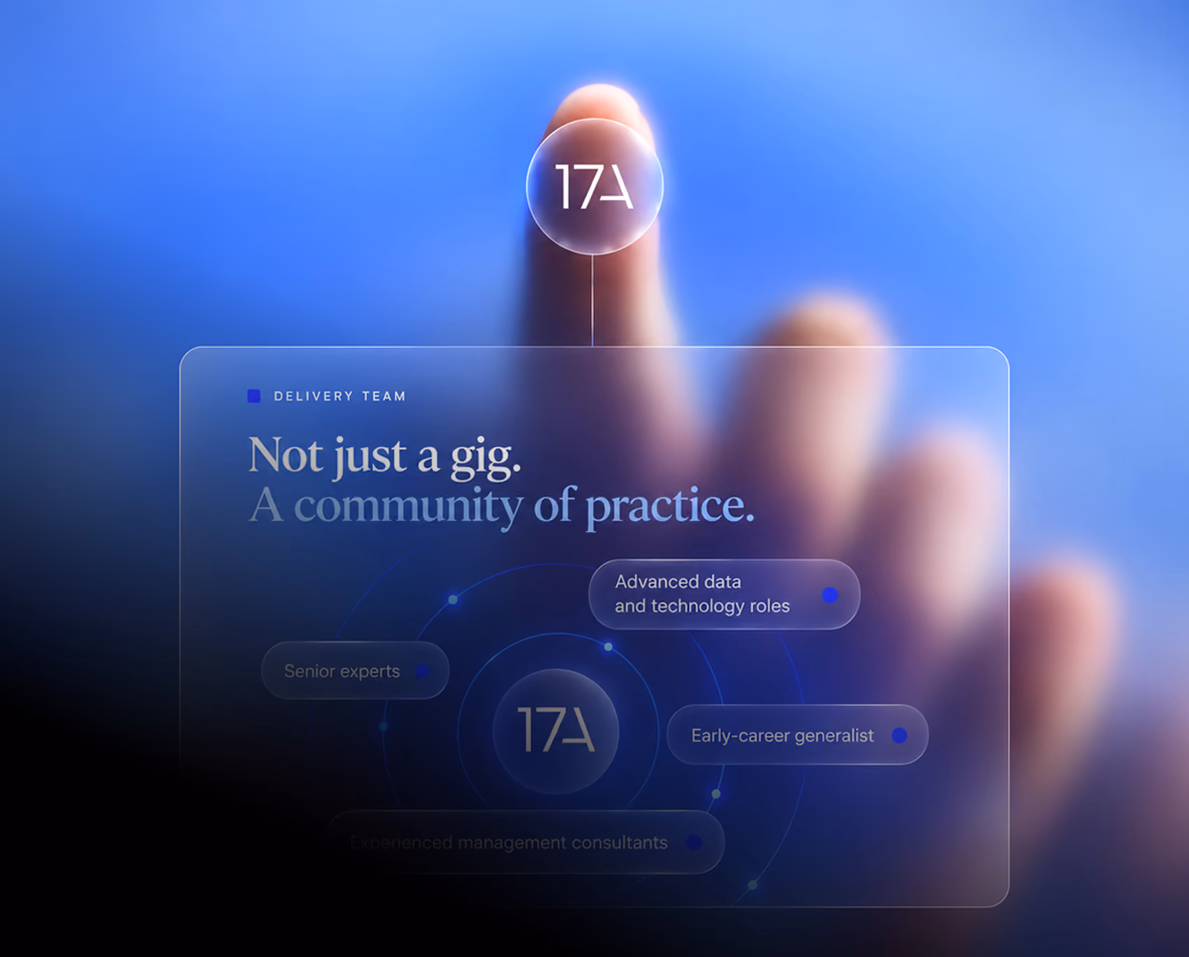 Finger tapping the 17A logo above a glass panel reading "Not just a gig. A community of practice.", listing delivery team roles.
