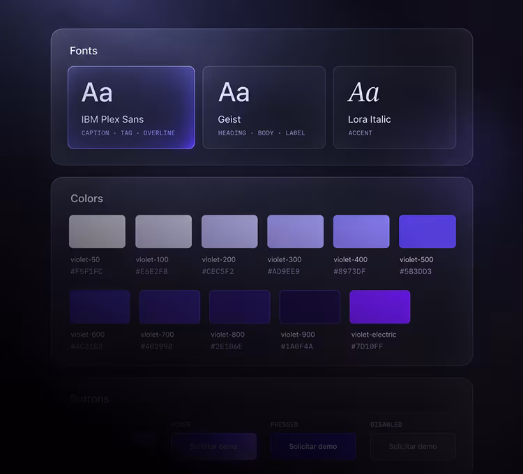 Dark design system UI showing fonts (IBM Plex Sans, Geist, Lora Italic) and a violet color palette with hex codes
