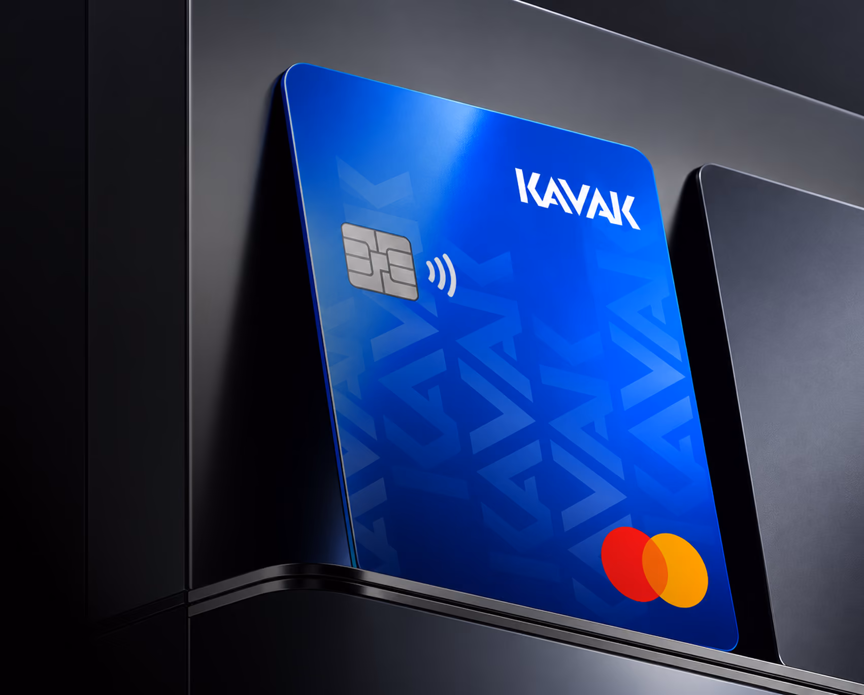 Blue Kavak payment card with embedded chip and contactless symbol, featuring the Mastercard logo in the bottom right corner.