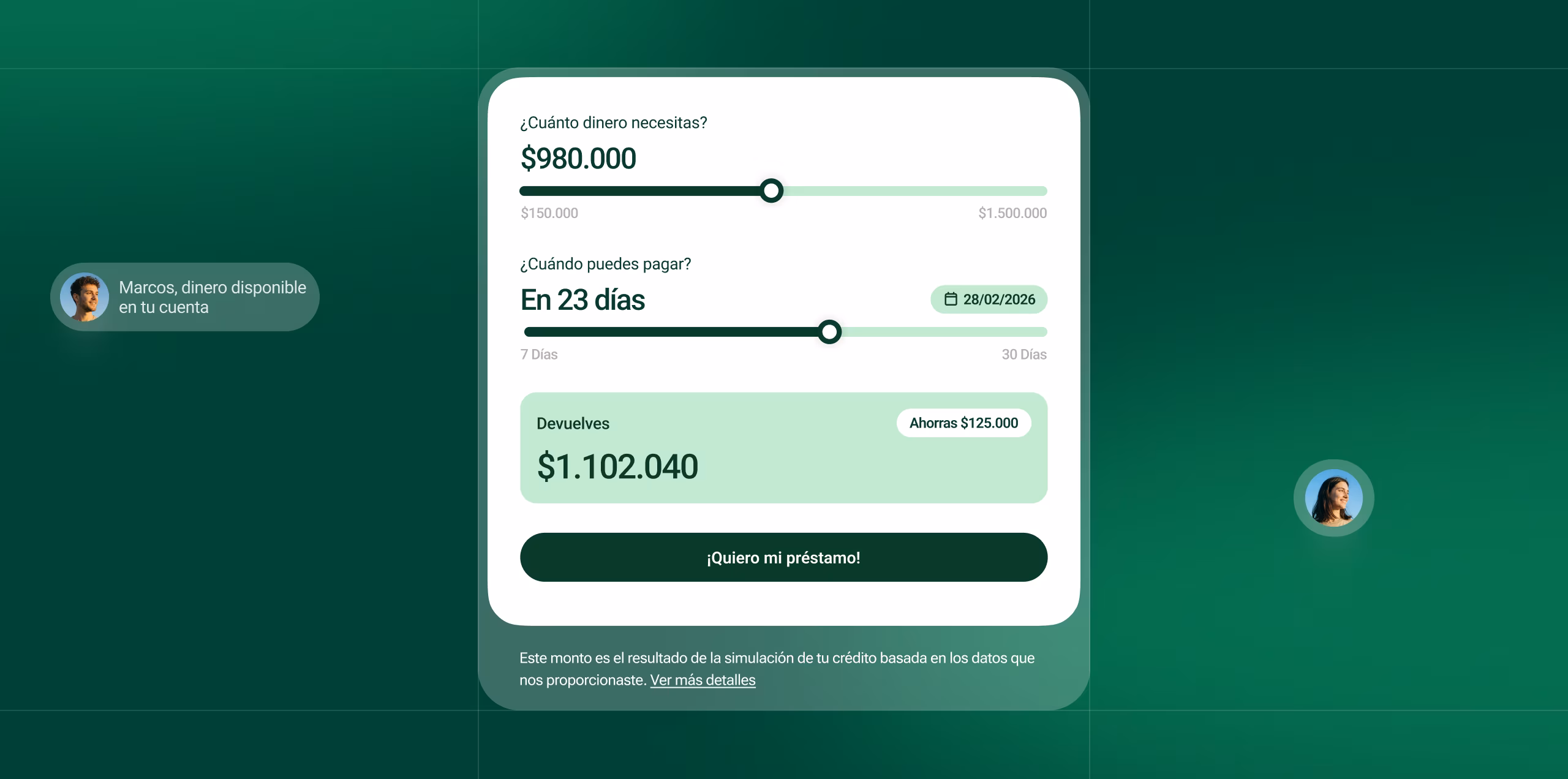 Anticipo loan simulator with amount and repayment term sliders.