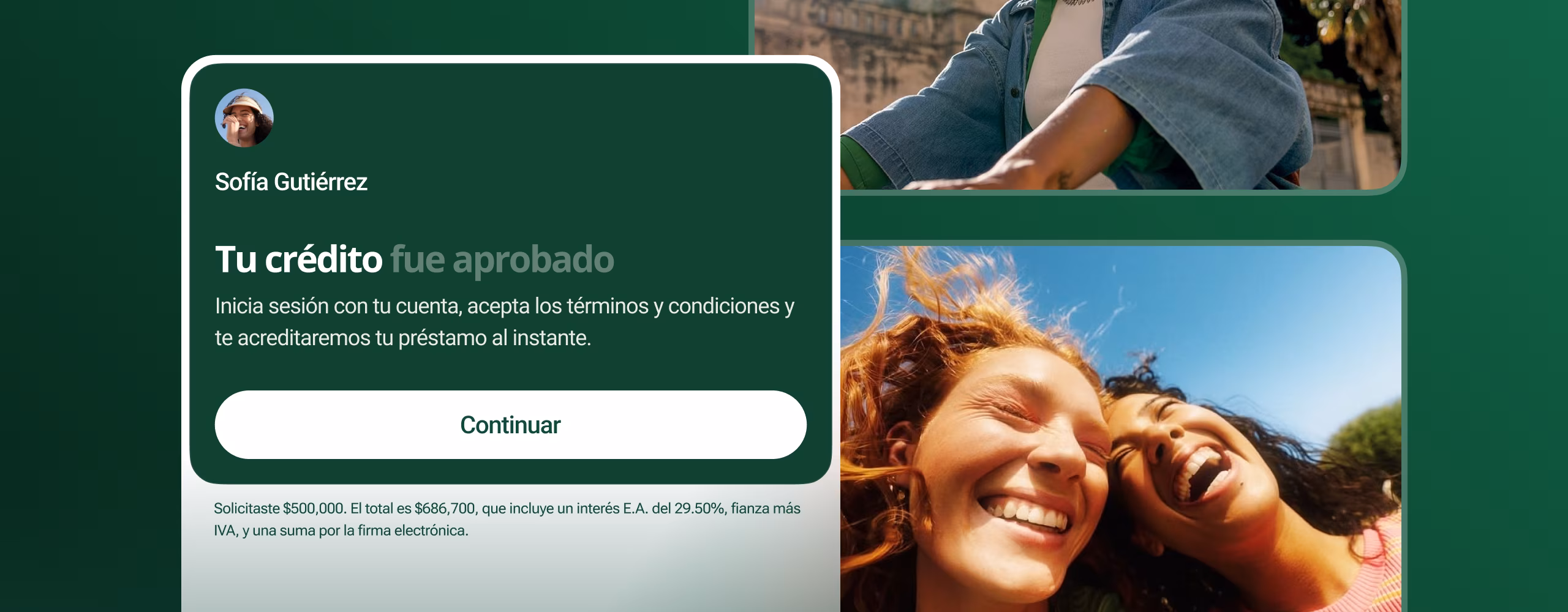 Anticipo case study hero: an approved-credit notification card for Sofia Gutierrez next to lifestyle photography