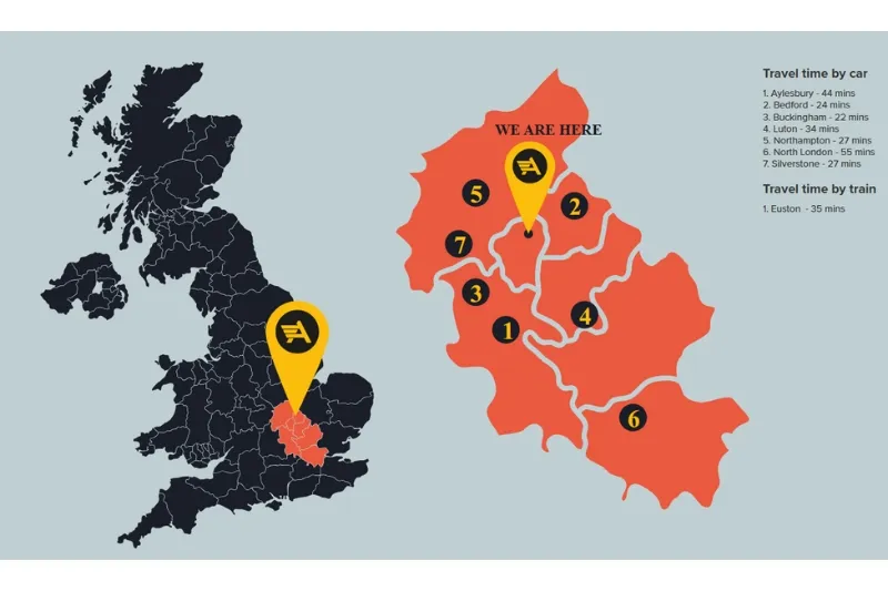 Location map showing Auto Classica in Milton Keynes with travel times to London and the Home Counties.