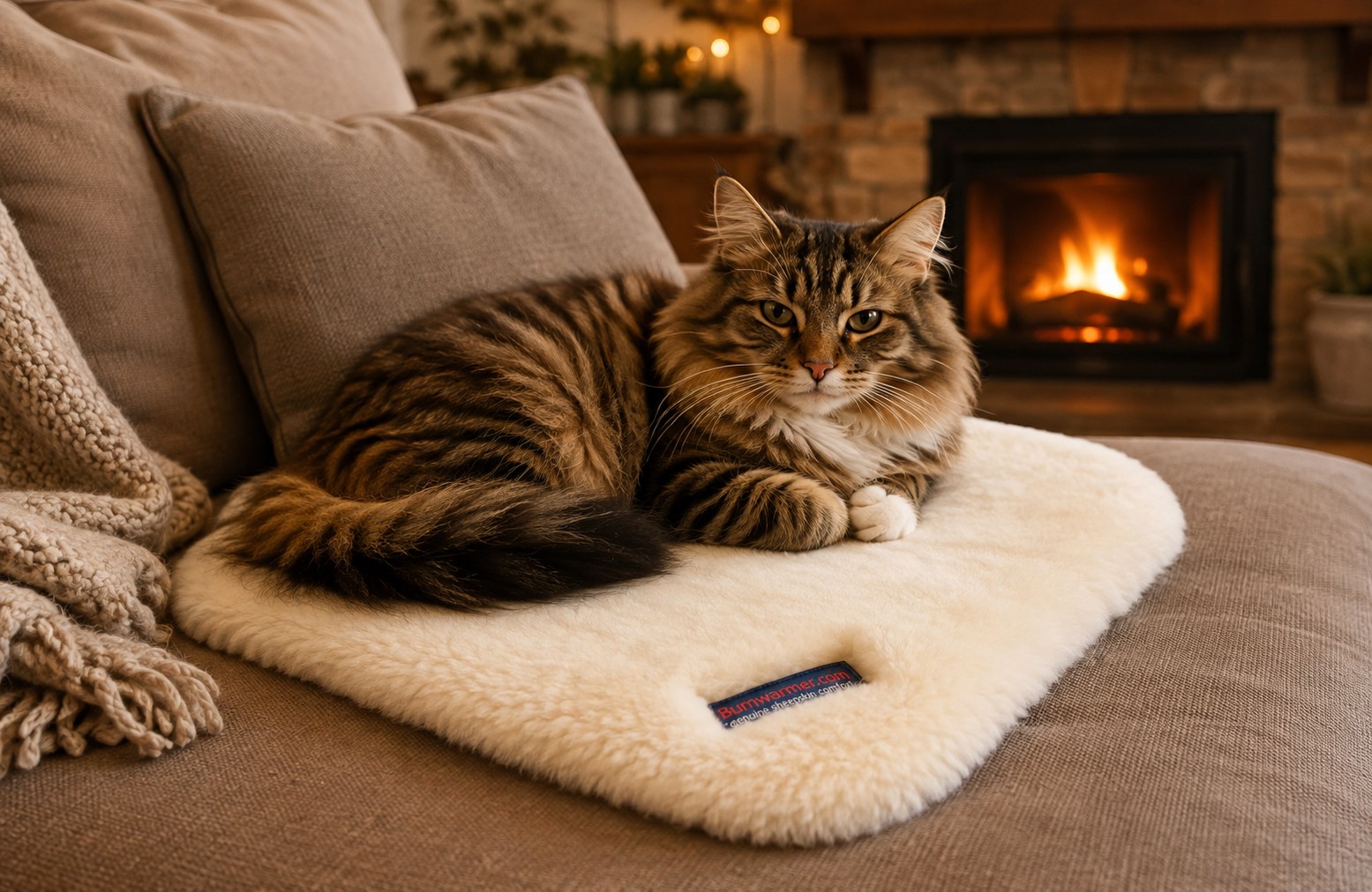 A cat lounging on a Bumwarmer sheepskin cushion on a couch
