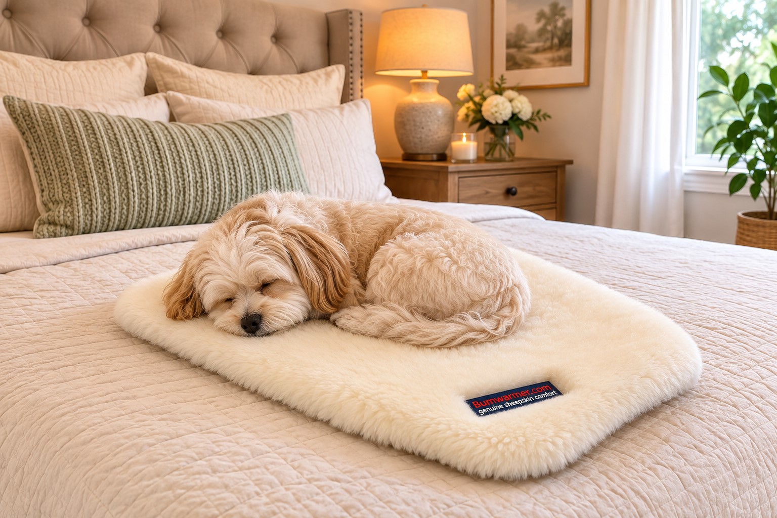 A dog resting on a Bumwarmer sheepskin cushion on a bed