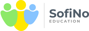 SofiNo Education logo with three stylized figures in green, yellow, and blue to the left of the text.