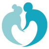 Abstract icon of two stylized figures embracing in a heart shape, one light blue and one dark blue.