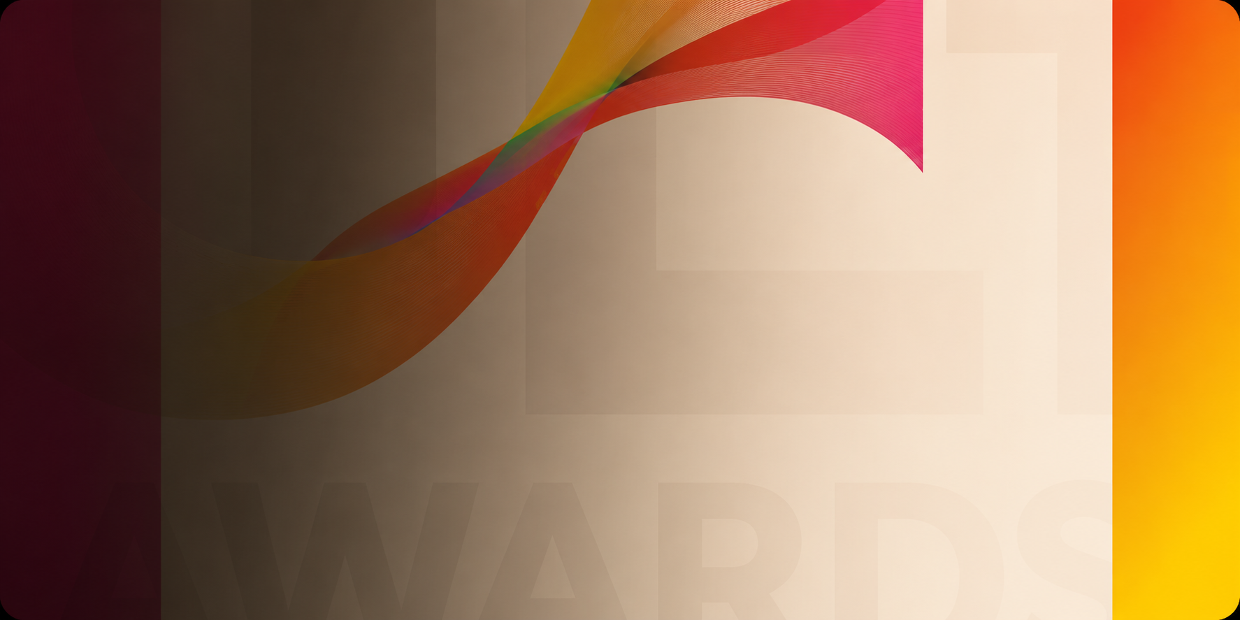 Abstract background with flowing multicolored ribbon over gradient dark to light and orange background.